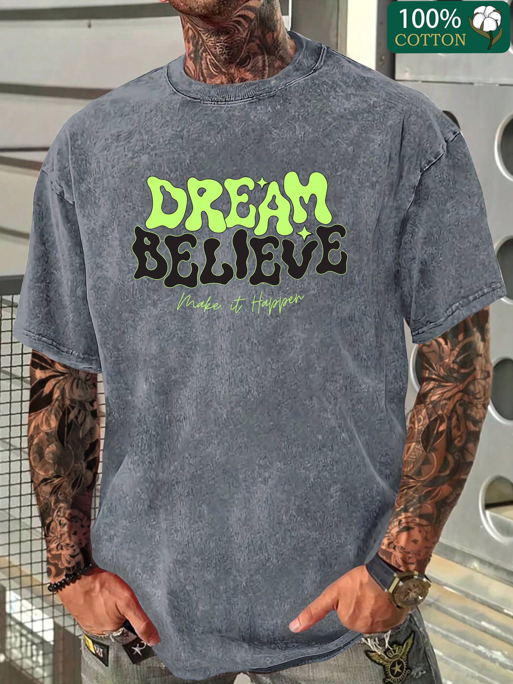 Men'S Fashion Casual T-Shirt | 230g Washed Vintage Wax-Dyed Thickened, Short Sleeve, Crew Neck, Geometric Pattern, All-Season Wear1:1