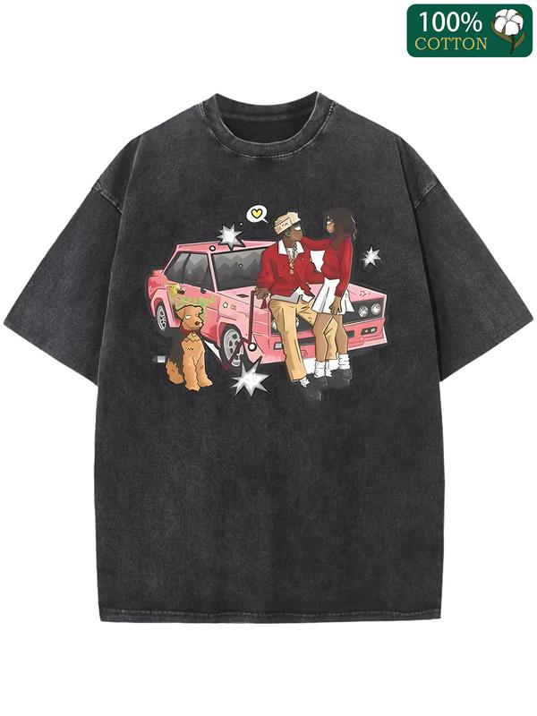 Vintage Style 'Taylor Creator' Men's Graphic T-Shirt - 100% Washed Cotton, Short Sleeve, Crew Neck, Brown with Pink Car and Star Pattern | Summer Fashion Retro Wax Print, High-Quality Thick Fabric, Machine Washable, Vintage T-Shirt for Casual Ou