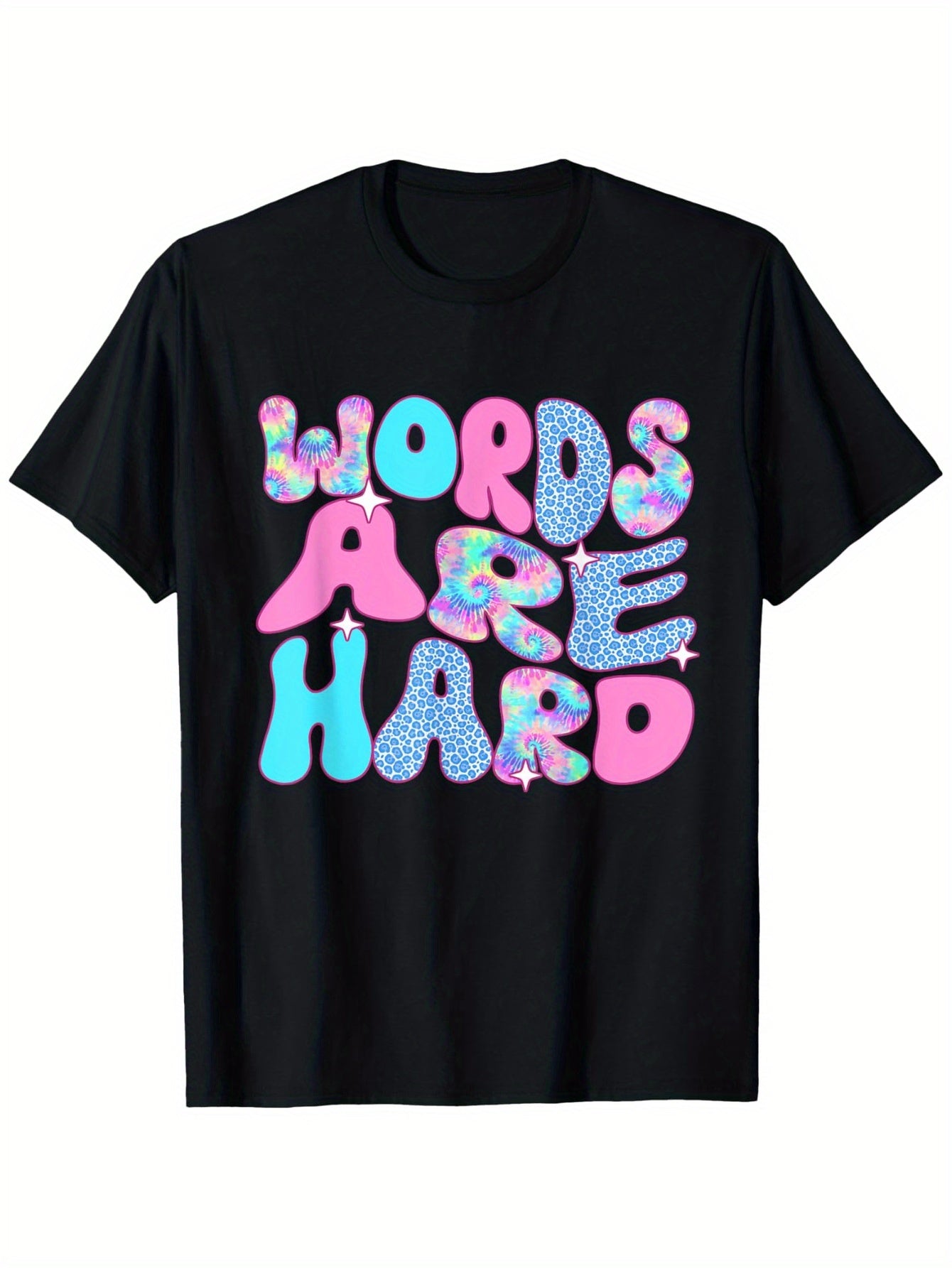 Groovy 'Words Are Hard' Graphic Tee - Unisex 100% Cotton T-Shirt, Black with Colorful Print, S-XXXL, Perfect for Casual Outings, Hiking & Casual Attire