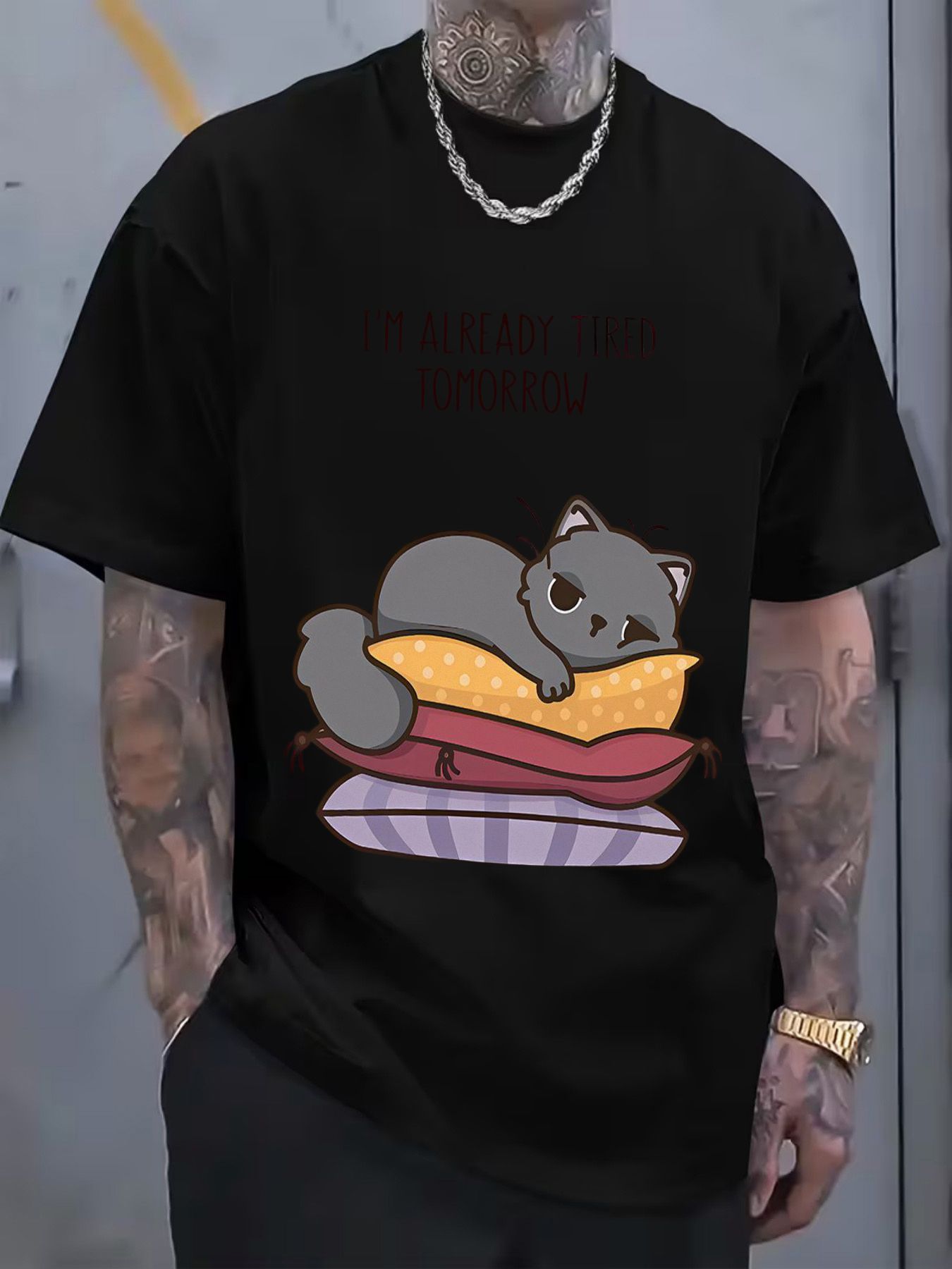 Gray Cat Illustration Red Text 'I'M READY, TOMORROW' Cotton T-Shirt - Casual Crew Neck, Relaxed Fit, Super Soft Breathable Tee, Summer Style for Men