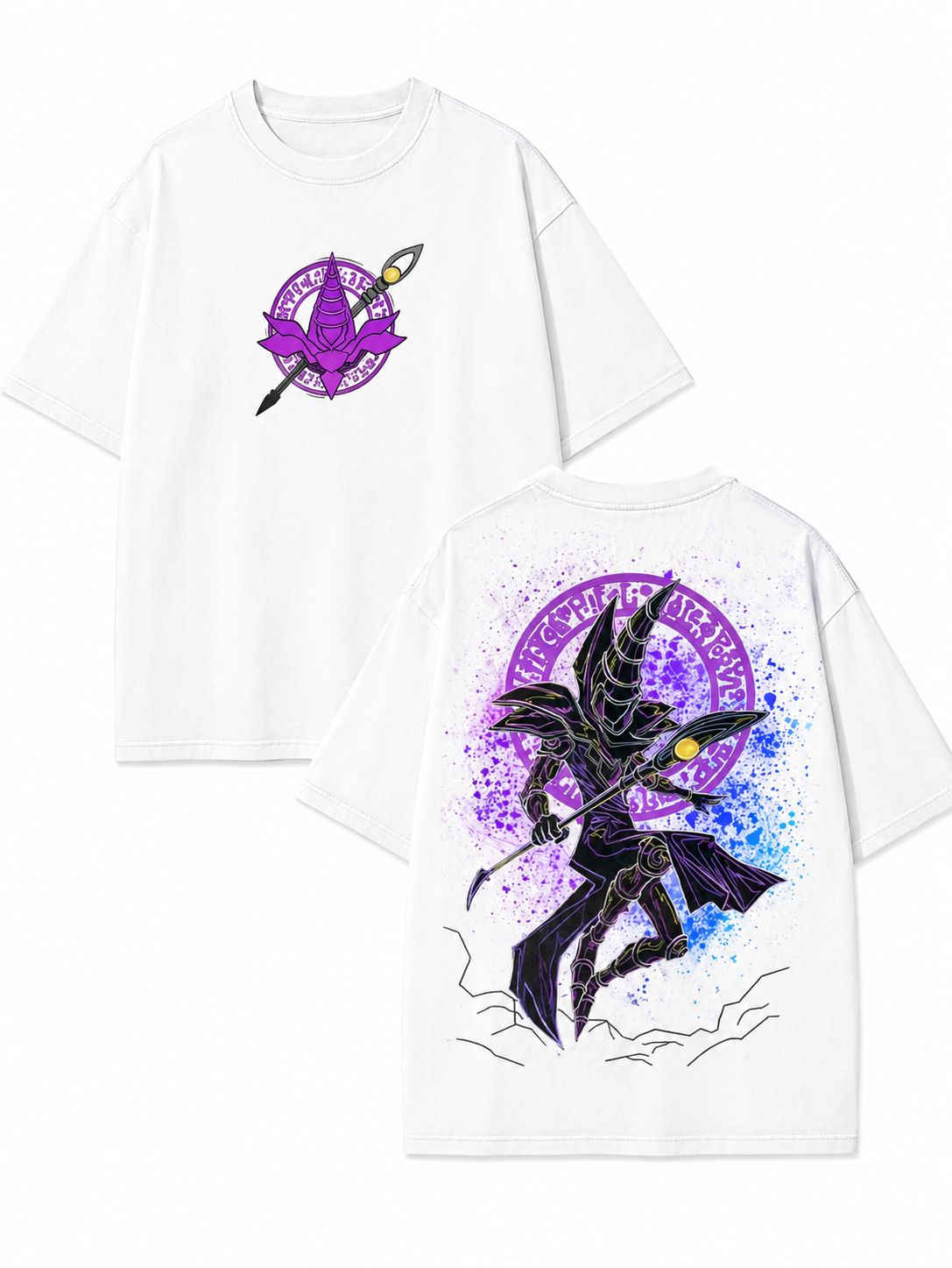 American-style acid-washed, distressed Yu-Gi-Oh! "Dark Magician" graphic T-shirt (front & back print); heavyweight, washed, oversized vintage anime tee (unisex).