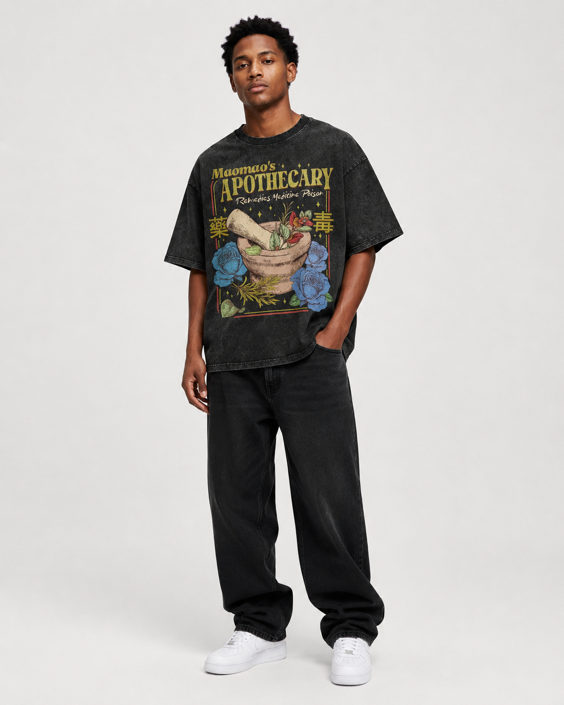 Vintage-Wash Short-Sleeve T-Shirt | *The Apothecary Diaries* Floral Woodblock Print – Unisex Oversized Fit