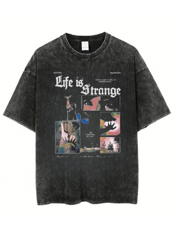 Life Is Strange Graphic T-Shirt for Men - Casual Streetwear, Short Sleeve, Crew Neck, Washed Black with Colorful Cartoon Design, Loose Fit, All-Season Wear, Multiple Sizes Available, Casual Streetwear Tee | Trendy Graphic Tee | Comfortable
