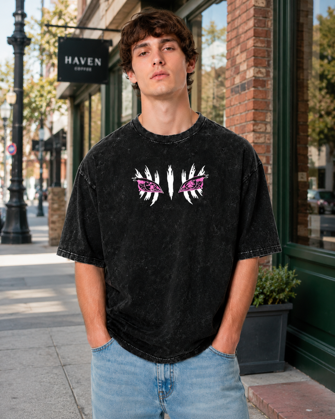 American-style acid-washed distressed Demon Slayer Akaza demon eye print short-sleeved T-shirt, heavyweight retro wash, oversized, unisex anime T-shirt.