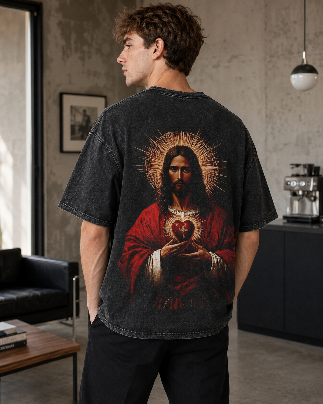 Vintage-Wash Short-Sleeve T-Shirt | Oversized Unisex Fit with Double-Sided Sacred Heart of Jesus Religious Oil Painting-Style Print