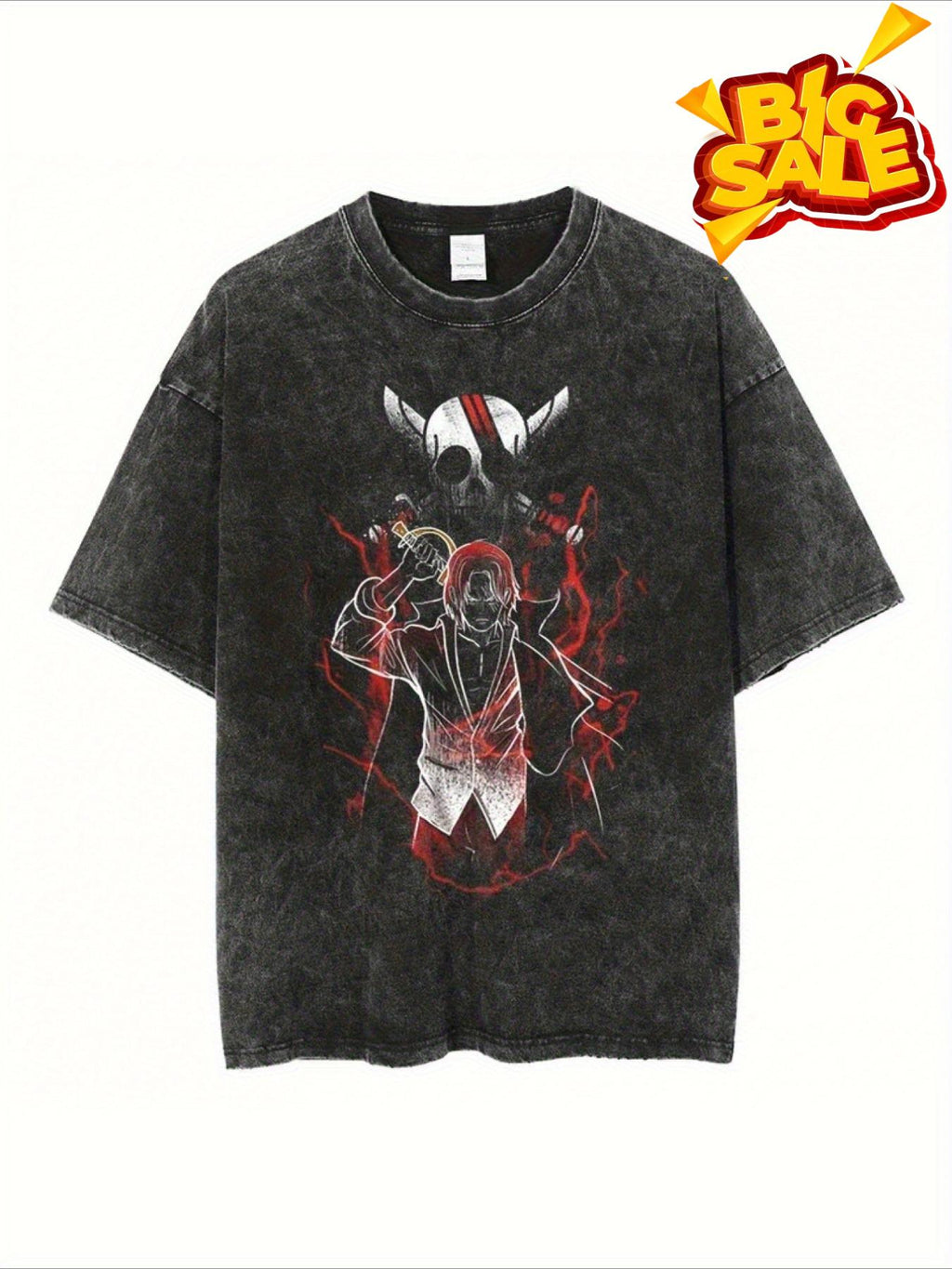 Couple's Anime Flat Print T-Shirt - Washed Black Harajuku Hip Hop Style, Short Sleeve Cotton Crew Neck
