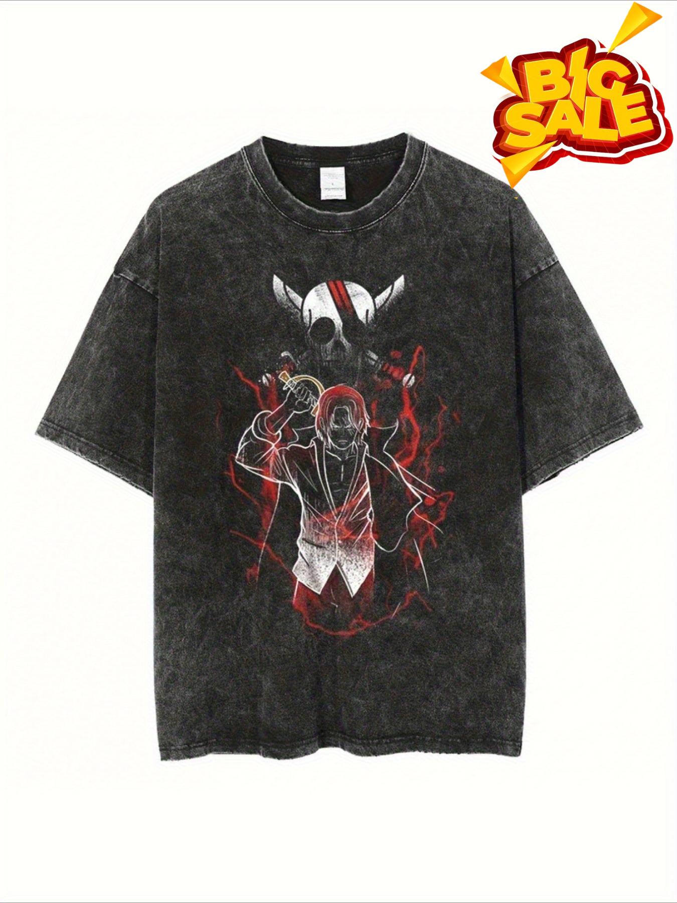 Couple's Anime Flat Print T-Shirt - Washed Black Harajuku Hip Hop Style, Short Sleeve Cotton Crew Neck