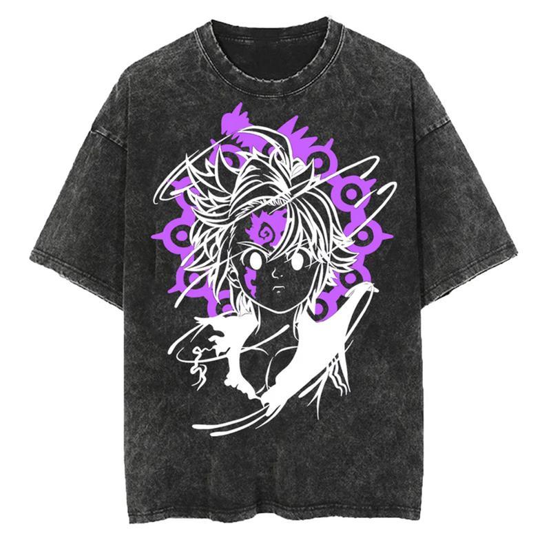 Anime The Seven Deadly Sins Escanor Meliodas Graphic Washed T Shirt Men Manga Cotton T-shirts Harajuku Male Casual Tops Menswear Distressed