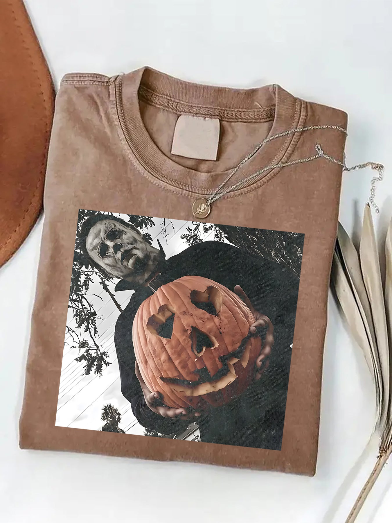 Men'S Heavyweight 230gsm Vintage Washed Batik T-Shirt - Halloween Pumpkin & Jack-O'-Lantern Print, Round Neck Casual Tee for Year-Round Wear, Spooky Season Outfits & Everyday (Machine Washable) - Adult Men'S Fashion Apparel