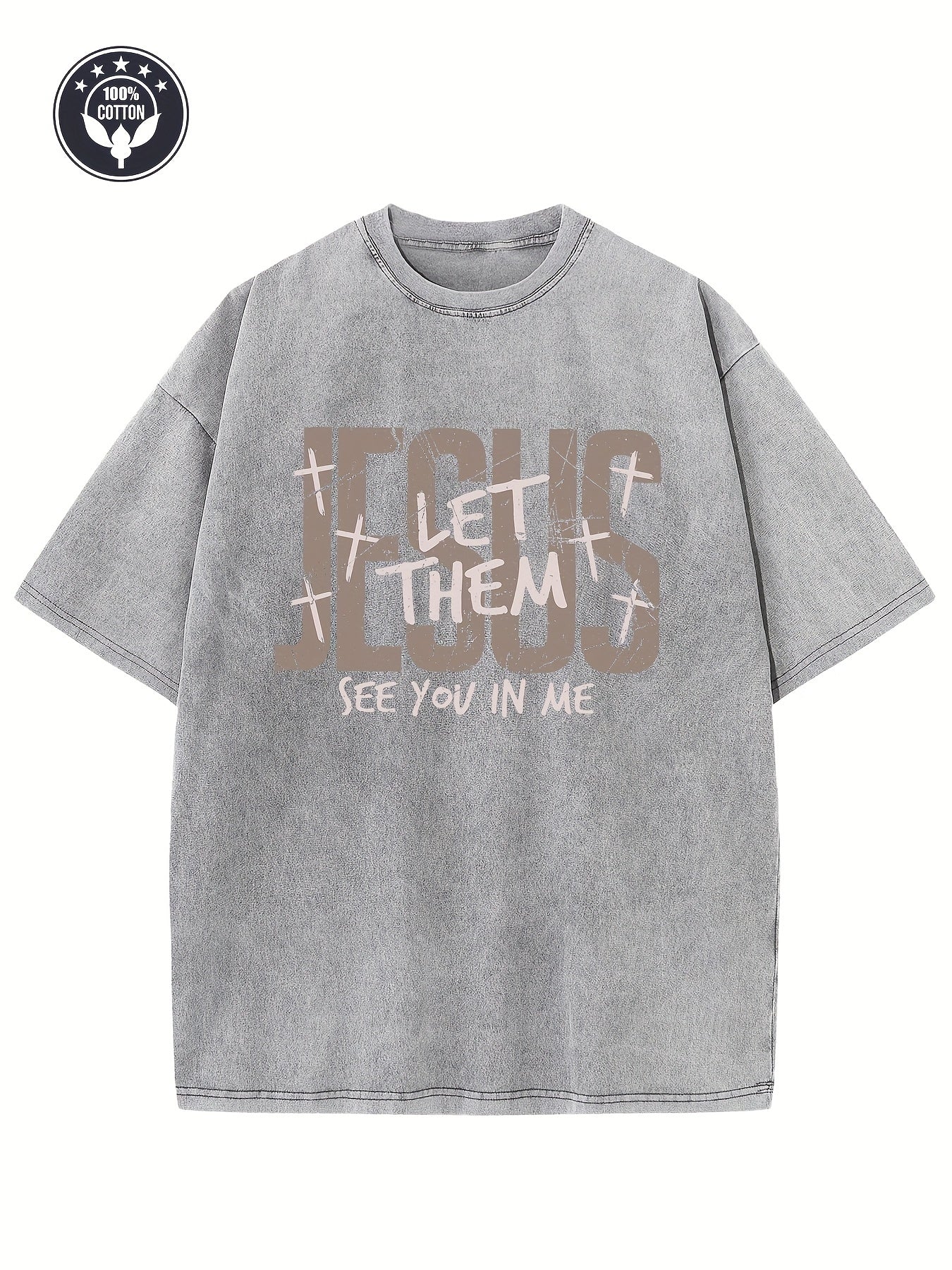 Men'S Retro Christian Faith Heavyweight 230g T-Shirt | Loose Casual Beige Washed Street Style with 'Let Them See Me in You' Letter Print - Crew Neck, Short Sleeve, All-Season Comfort, Machine Washable