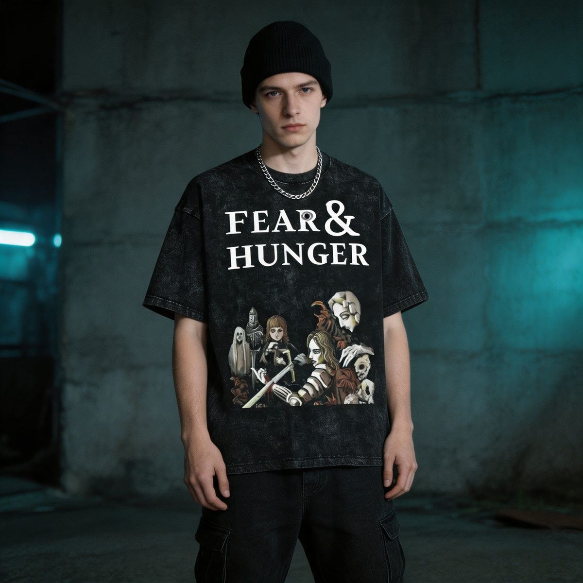 Washed and distressed Fear & Hunger themed short-sleeved T-shirt, American retro heavyweight loose high-street style, oversized, unisex.