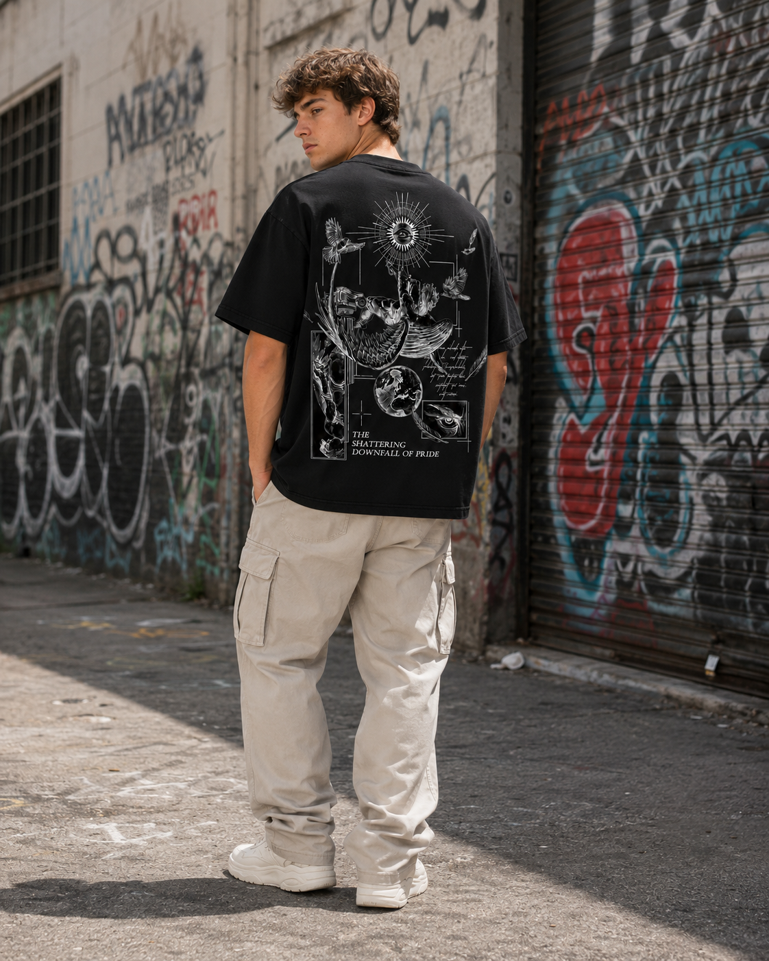 Vintage-Washed Black T-Shirt – "Fallen Angel" (Ancient Greek Sculpture Graphic) – Dark Gothic/Wasteland Aesthetic – Unisex Loose-Fit Streetwear Tee