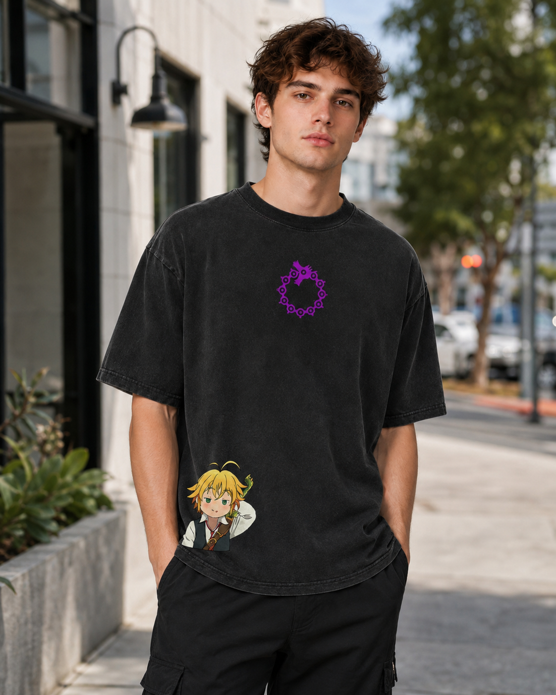 Vintage-Wash Short-Sleeve T-Shirt | *The Seven Deadly Sins* Meliodas Double-Sided Print – Japanese Anime Style, Unisex Oversized Fit