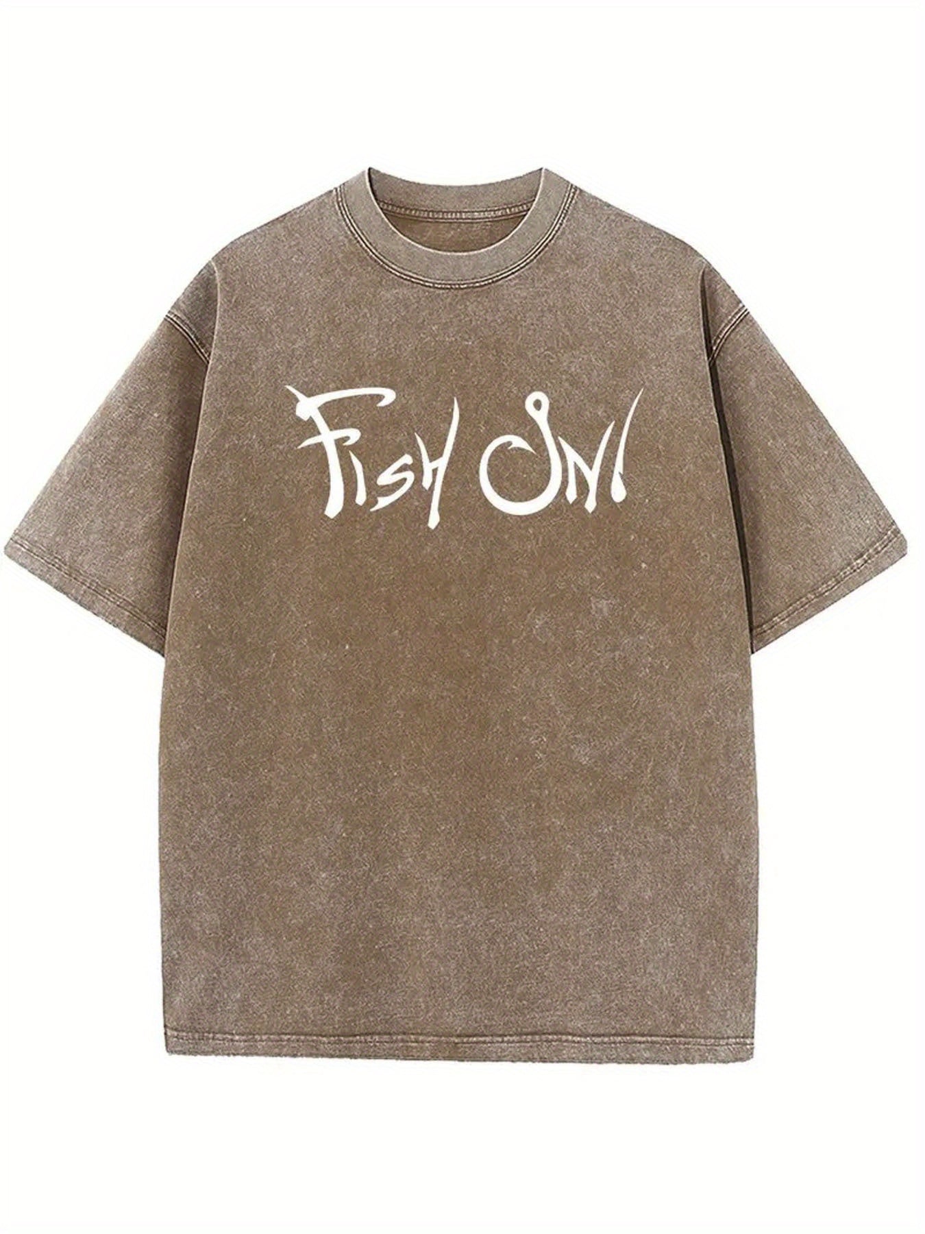 1pc, 230g Washed Fish Hook Letter | Refreshing Daily Breathable Sweat-absorbing Pattern Print, Batik Thickness Outdoor Summer, Crew Neck, Casual Style, Perfect for Adults, All-season Fit, Sweat-Resistant