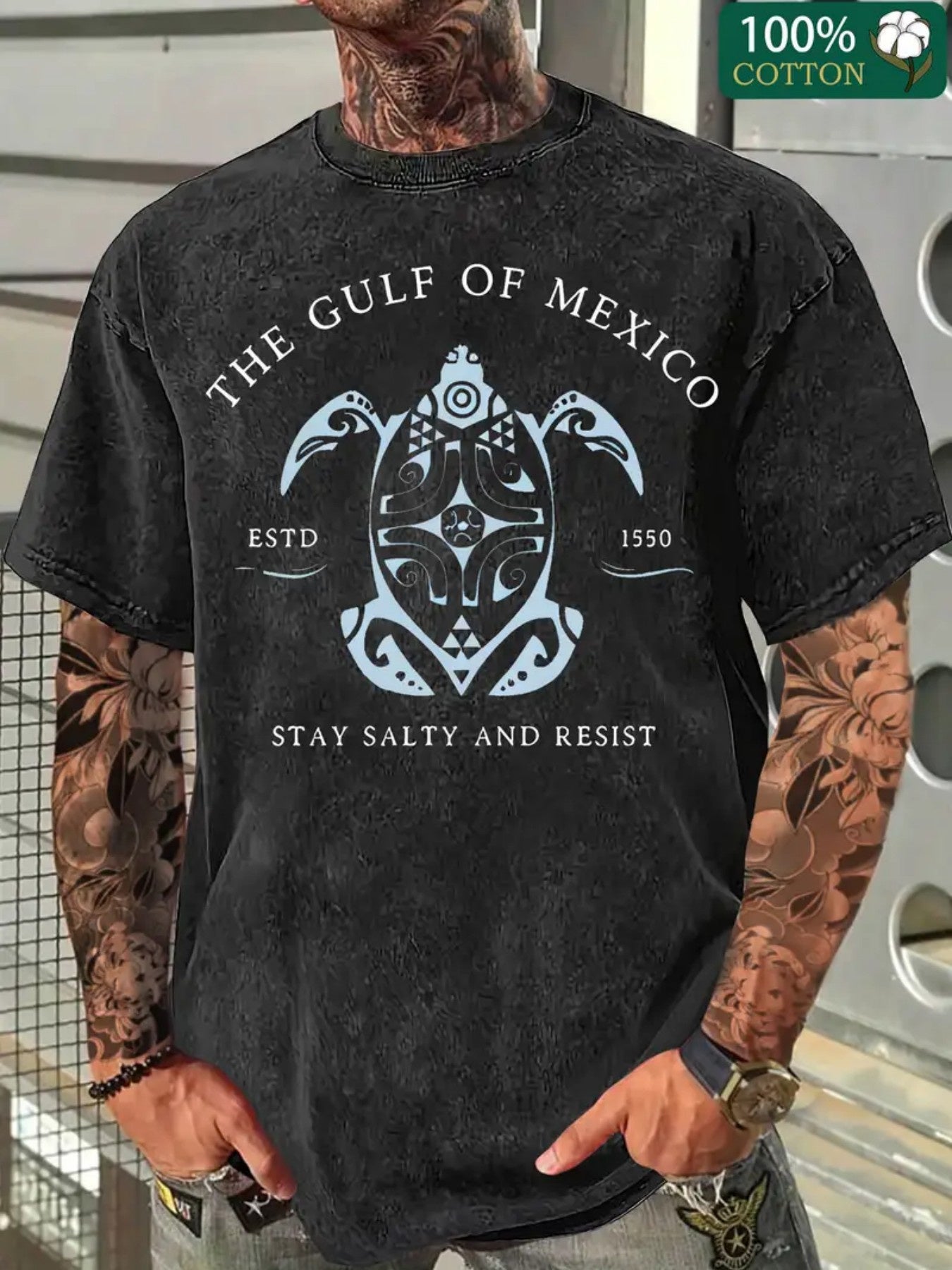 Men'S Vintage Heavy Washed Oversized T-Shirt - Mexican Coast Retro Graphic Print with "Stay Salty & Resist" Slogan, Soft Breathable Fabric, Round Neck Loose Fit Casual Streetwear Tee for Beach Outfits & Casual Attire (Plus Size Available) - All-Seas