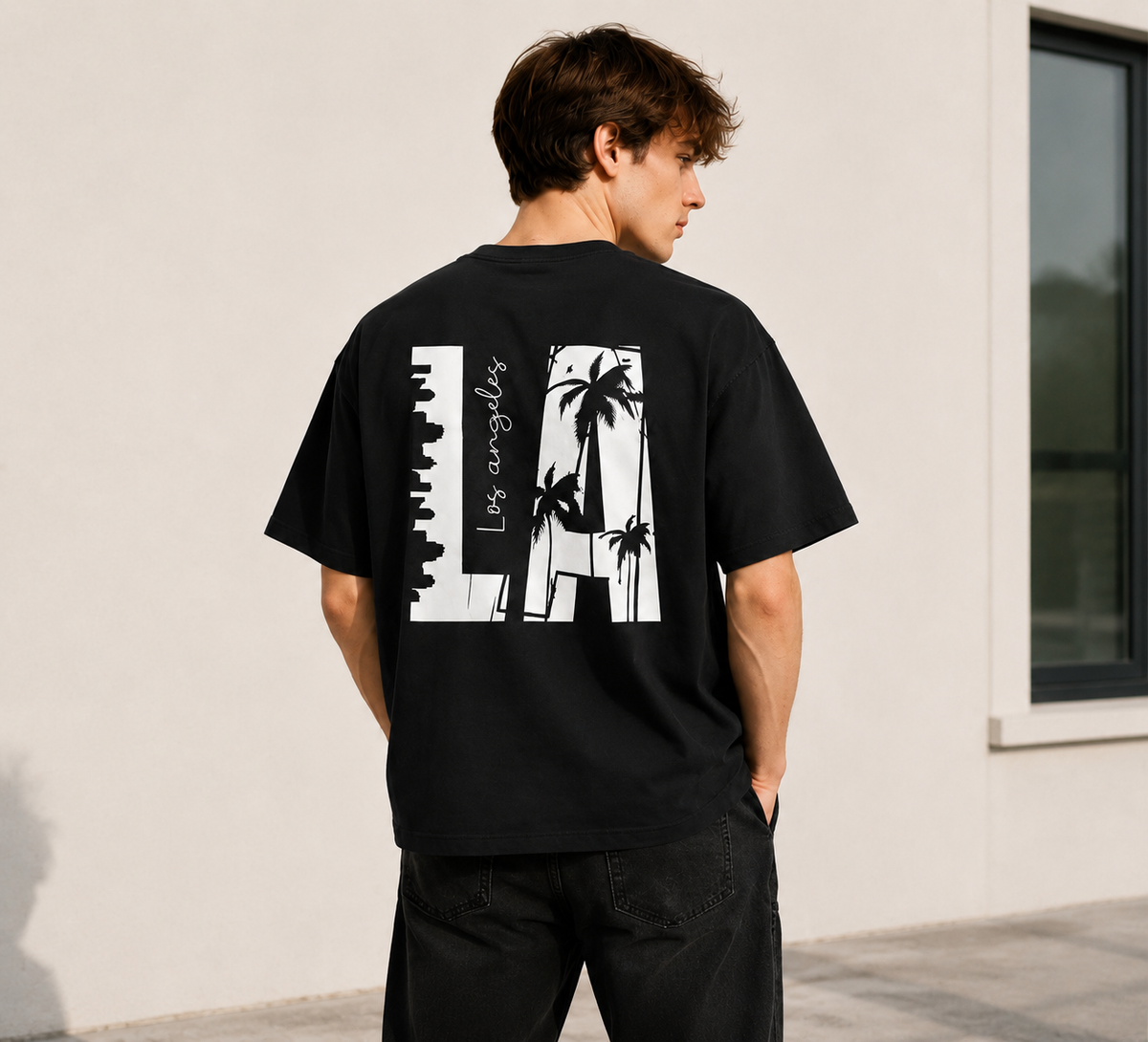 LA-themed double-sided print T-shirt with a vintage washed finish; heavyweight pure cotton, oversized loose fit; American urban streetwear style.