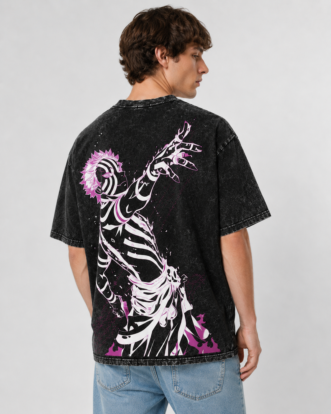 American-style acid-washed distressed Demon Slayer Akaza demon eye print short-sleeved T-shirt, heavyweight retro wash, oversized, unisex anime T-shirt.