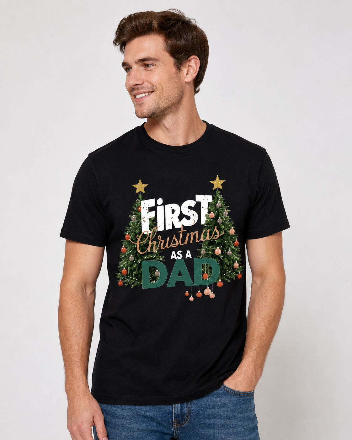 American-style washed retro print short-sleeved T-shirt for new dads' first Christmas - Heavyweight oversized men's holiday commemorative T-shirt.