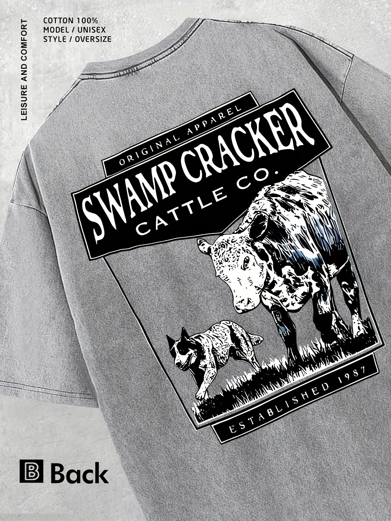 SWAMP CRACKER CATTLE CO Men's Vintage Western Ranch T-Shirt with Cow & Dog Livestock Design, Distressed 230g Washed Cotton Crew Neck Tee, Short Sleeve Casual Shirt for, Farmer, Rancher - All-Season Comfortable