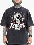 Men'S 100% Vintage Washed Loose T-Shirt | Unique Skull and 'TERROR RATIEN' Chinese Character Print, Punk Trash Style Street Drop Shoulder Design, Soft Breathable, Suitable for Daily Wear and Concert Outfits1:1