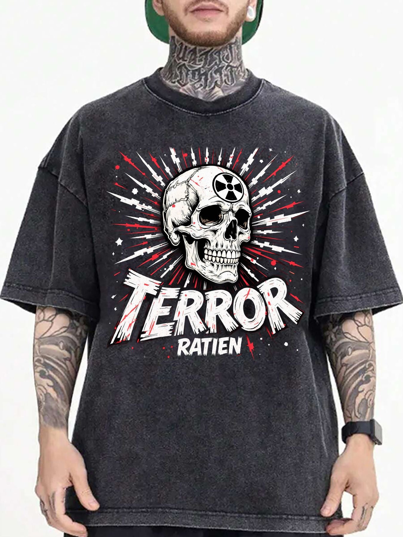 Men'S 100% Vintage Washed Loose T-Shirt | Unique Skull and 'TERROR RATIEN' Chinese Character Print, Punk Trash Style Street Drop Shoulder Design, Soft Breathable, Suitable for Daily Wear and Concert Outfits1:1