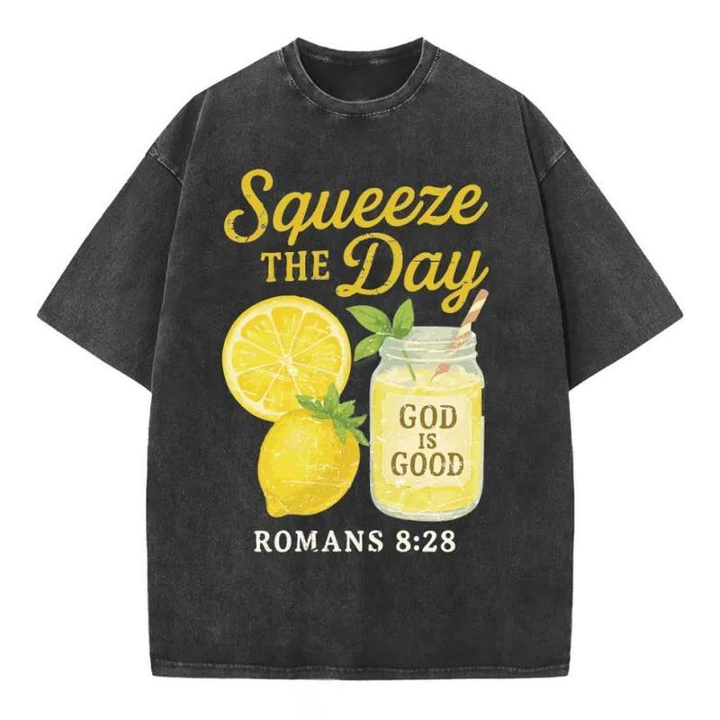 Squeeze The Day God IS Good Unisex Vintage Washed Crew Neck Tee Regular Fit Casual Comfort Breathable Short Sleeve Funny T-shirts for Summer Fashion Men&Women's Top for Daily Wear 080803
