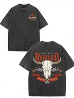 Men'S Western Cowboy Rodeo Graphic T-Shirt - Heavyweight 230gsm Washed Retro Cowboy Print with Bull Skull & Rodeo Design