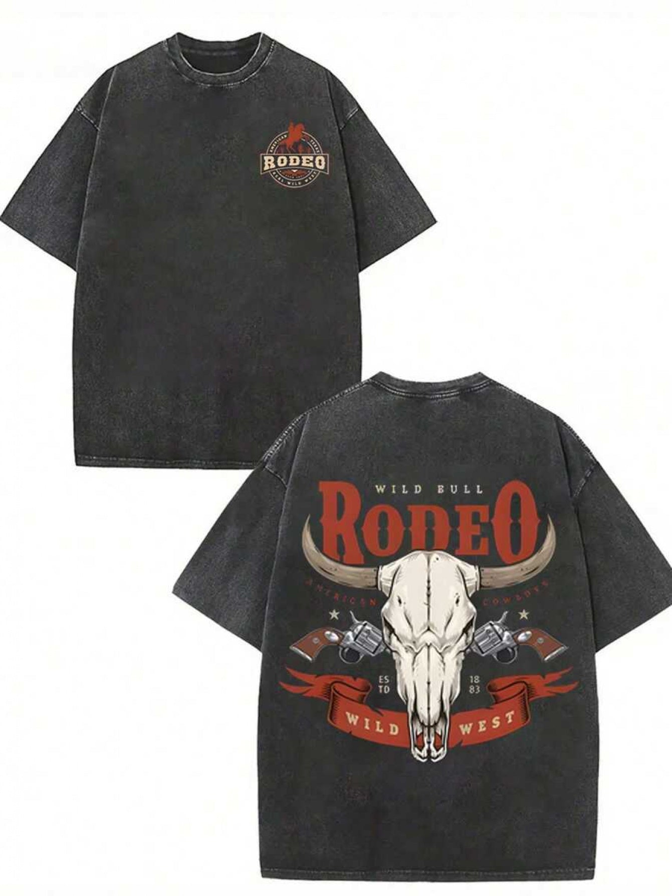 Men'S Western Cowboy Rodeo Graphic T-Shirt - Heavyweight 230gsm Washed Retro Cowboy Print with Bull Skull & Rodeo Design