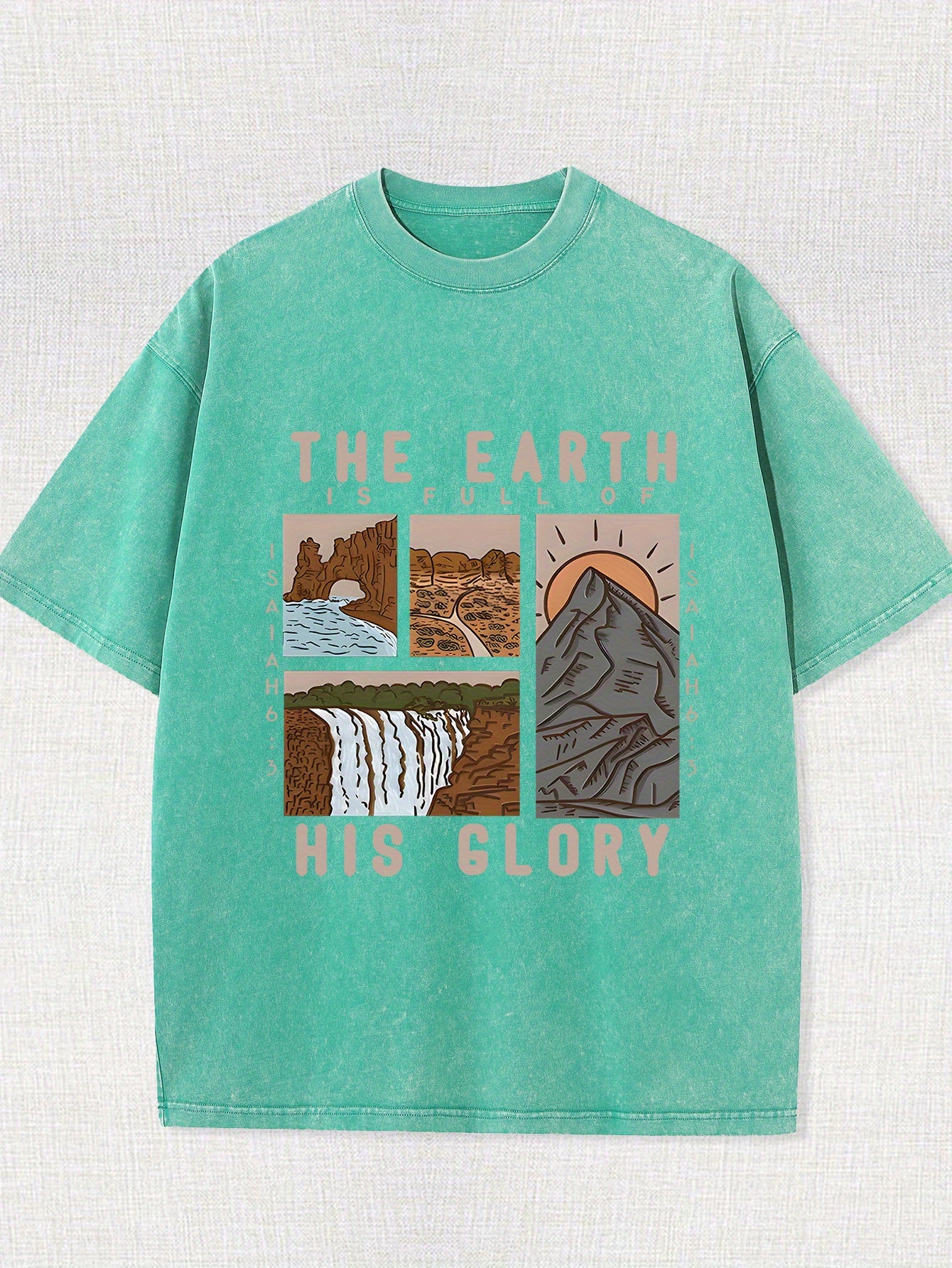 [Casual Style] Men's vintage washed cotton T-shirt - featuring the pattern of "The Earth is His Glory" and mountain and river prints, casual and loose-fitting, breathable short-sleeved T-shirt, suitable for casual wear and outdoor activities, vintage wash