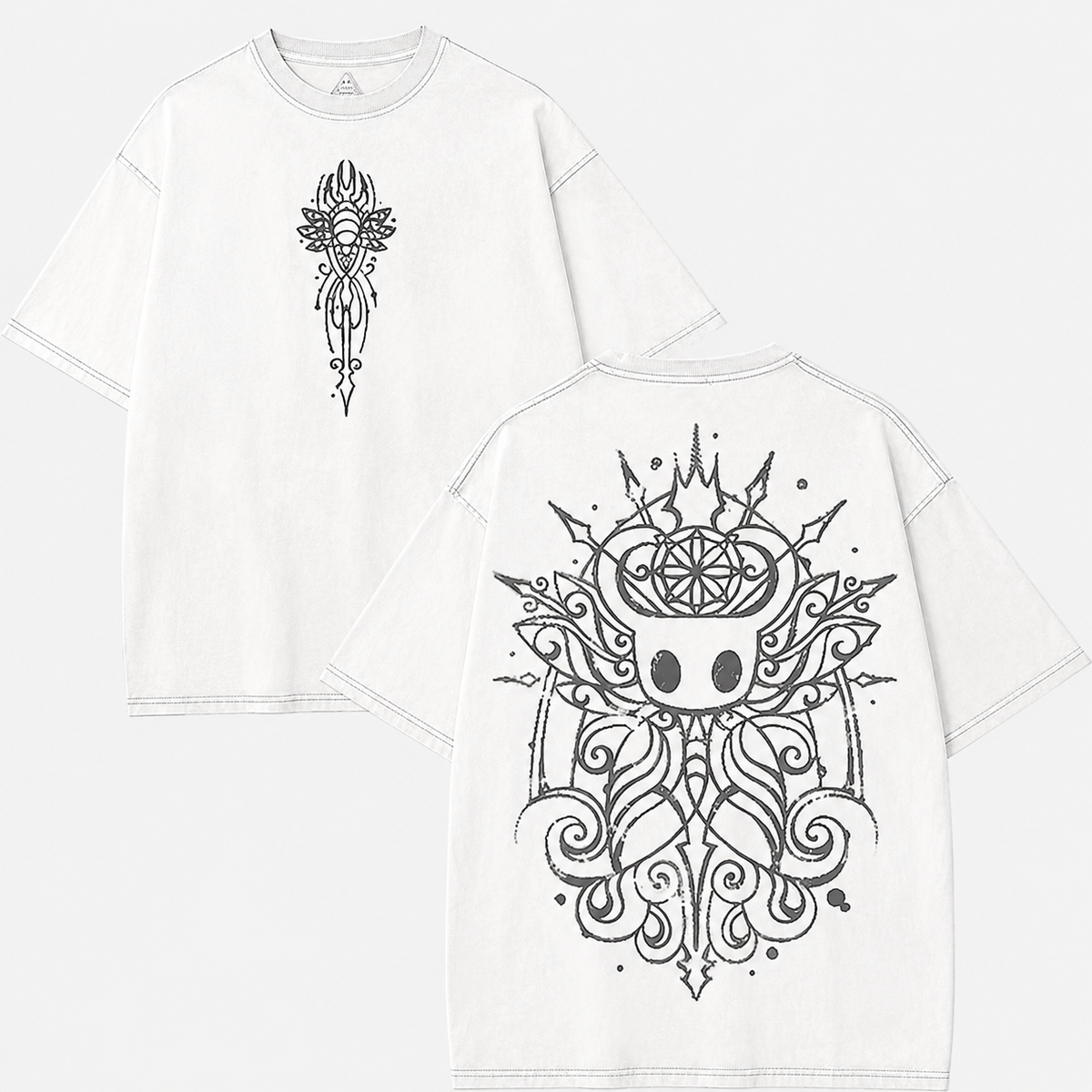 American-style acid-washed distressed hollow knight print short-sleeved T-shirt, heavy-duty wash, oversized, retro indie game style, unisex.