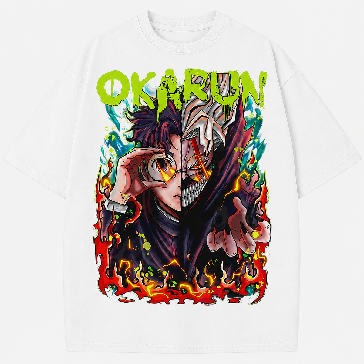 Vintage-wash black T-shirt featuring Okarun (split-personality anime character), flame graffiti, and Y2K/wasteland aesthetic; loose-fit short-sleeve style for men and women.