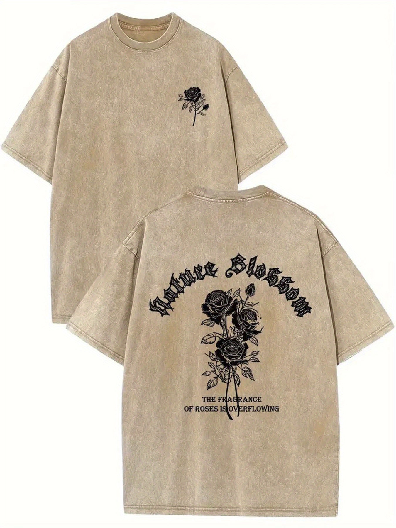 Men'S Vintage Washed T-Shirt - Double-Sided Soft Textured Crew Neck, Retro Street Style with Rose Print & "Love Goes On" Lyric Back Design, All-Season Casual Wear, Perfect Gift for Men, Soft Breathable Fabric, Regular Fit (Machine Washable) - Ideal