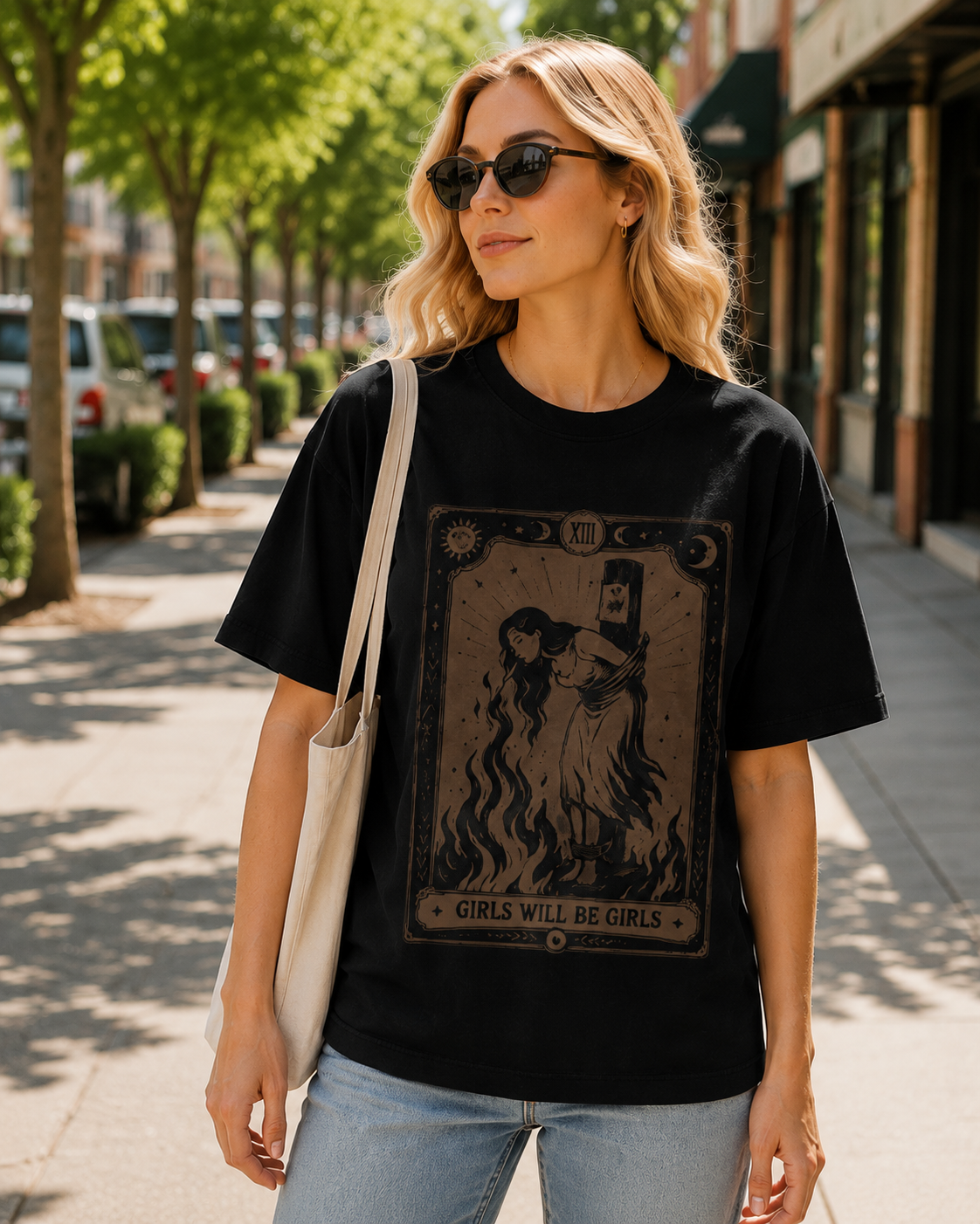 Women's Oversized Cotton T-Shirt – Dark Tarot Vintage-Style Print (Subculture/Edgy Style)
