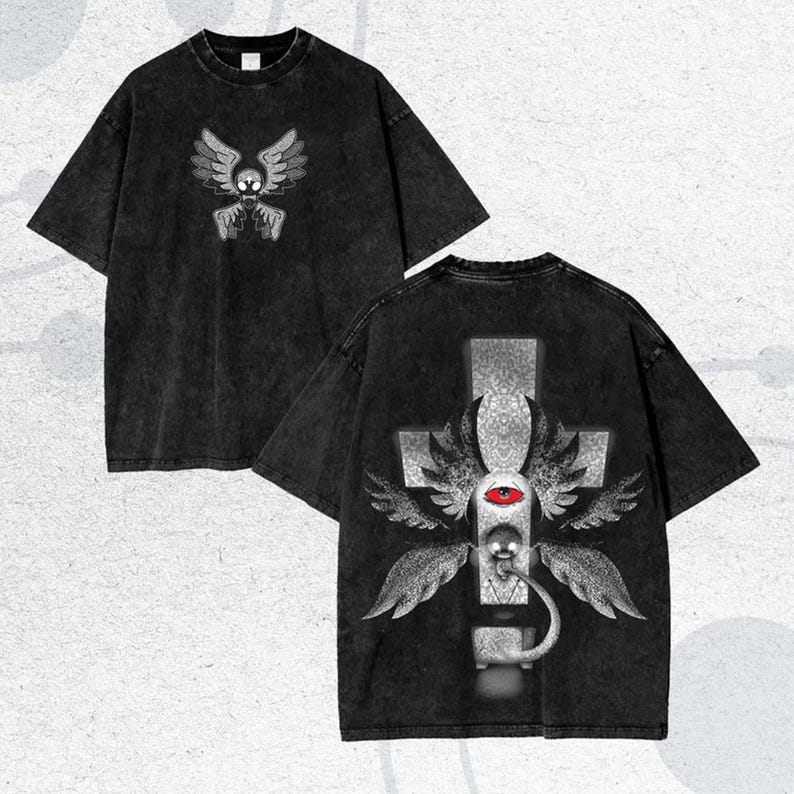 Vintage-Wash Oversized Short-Sleeve T-Shirt | "Angel's Eye & Cross" Dark Subculture Double-Sided Print (Unisex)