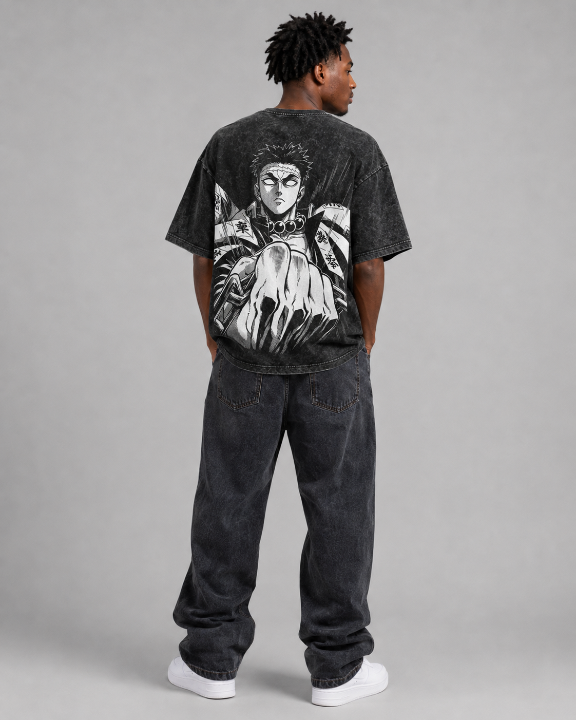 Vintage-Wash Short-Sleeve T-Shirt | *Demon Slayer* Gyomei Himejima (Stone Hashira) Double-Sided Manga & Calligraphy Print – Unisex Oversized Fit