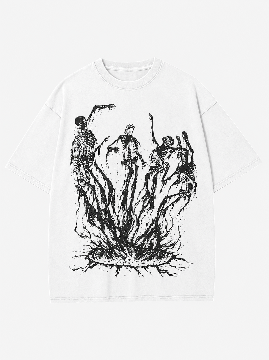 Acid-Washed Vintage Short-Sleeve T-Shirt | Dark Fantasy Flame Monster Graphic — American High-Street Oversized Unisex Tee