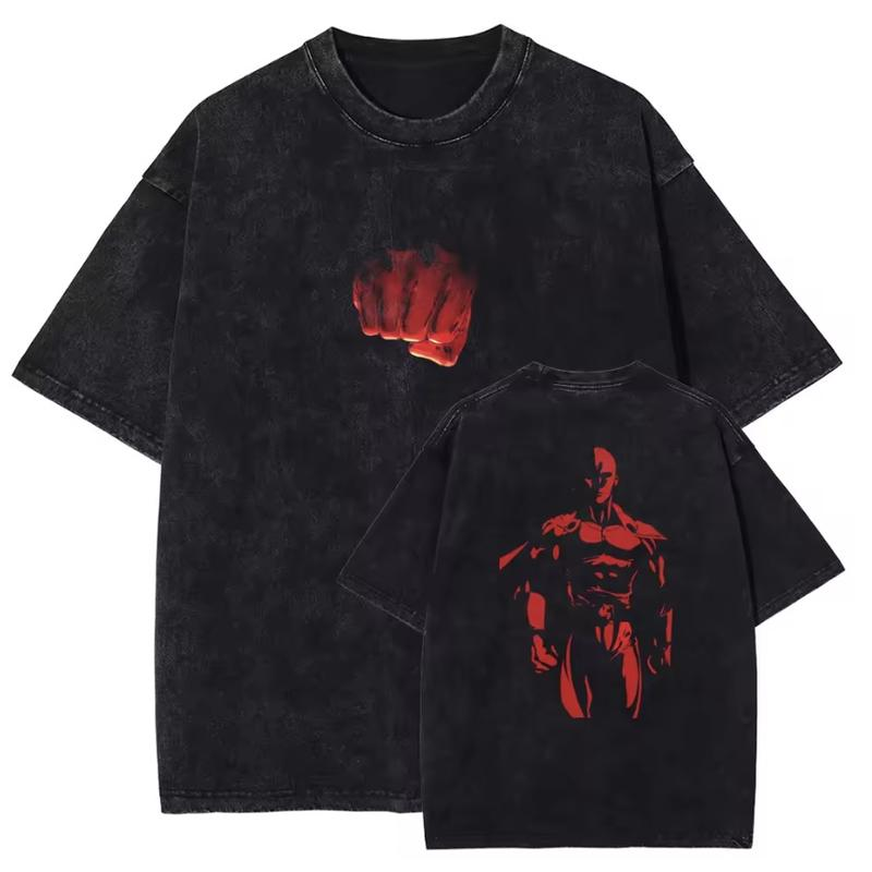 American-style acid-washed distressed One-Punch Man Saitama print short-sleeved T-shirt, heavyweight retro wash, oversized, loose fit, unisex.
