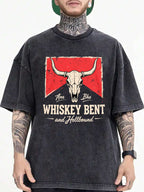 Men's & Women's 100% Cotton Vintage Bull Skull & Whiskey Bent & Hellbo Graphic T-Shirt - Soft Breathable Gothic Rock Tee with Bull Skull Print, Casual Streetwear for Concerts, Casual Attire, Machine Washable Loose Fit Round Neck Top