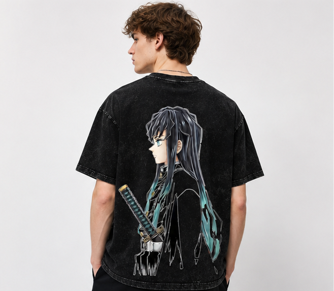 Demon Slayer: Kimetsu no Yaiba Mist Hashira Muichiro Tokito Sword Pattern Stonewashed Distressed T-Shirt, Drop-Shoulder Loose Fit, Heavyweight Cotton, European and American Style, Unisex, Retro Couple Top