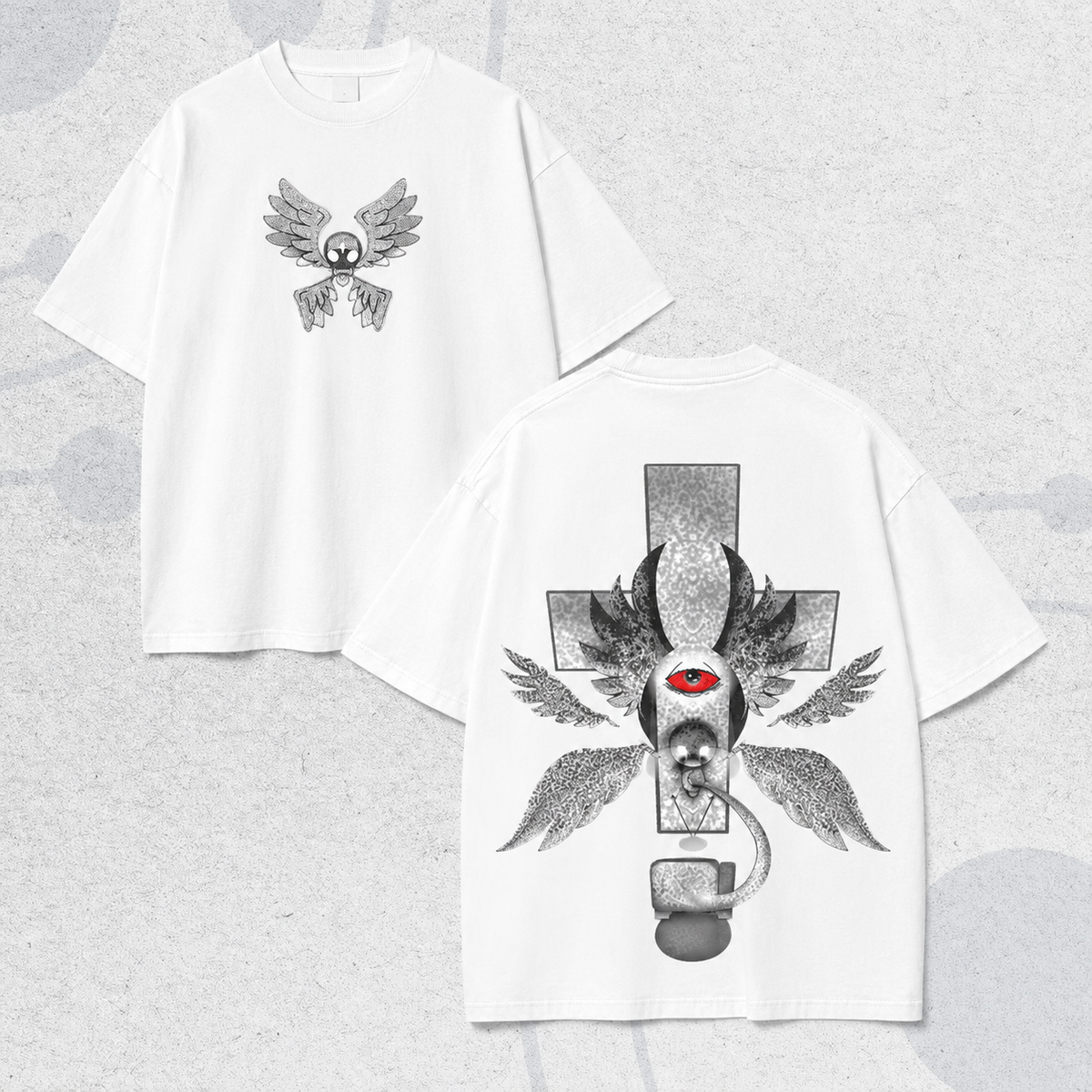 Vintage-Wash Oversized Short-Sleeve T-Shirt | "Angel's Eye & Cross" Dark Subculture Double-Sided Print (Unisex)