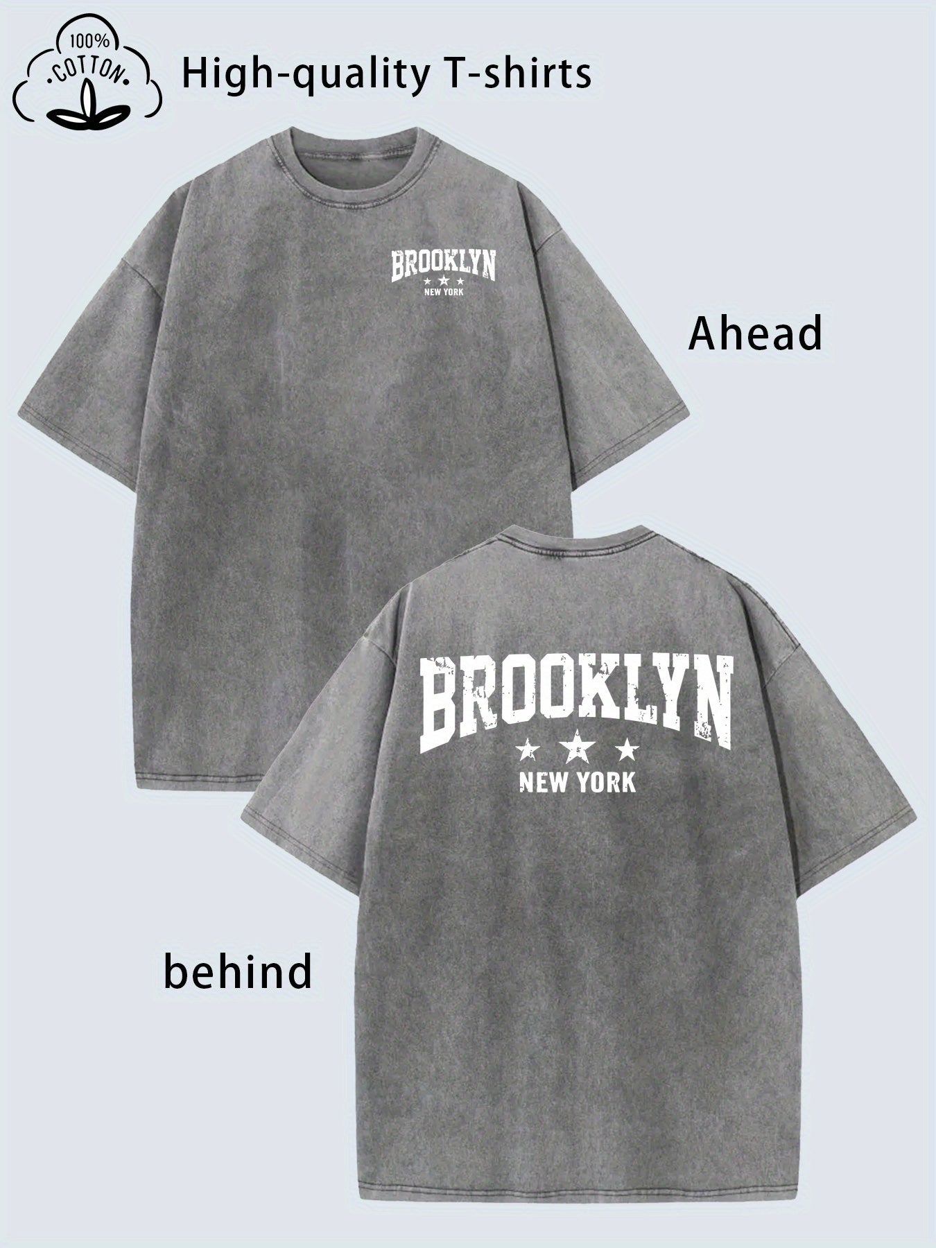 Men's Heavyweight Vintage Brooklyn New York T-Shirt - Double-Sided Retro Washed Tee with Oversized Fit, Soft Breathable Fabric, Casual Streetwear Short Sleeve Shirt for All-Season Wear
