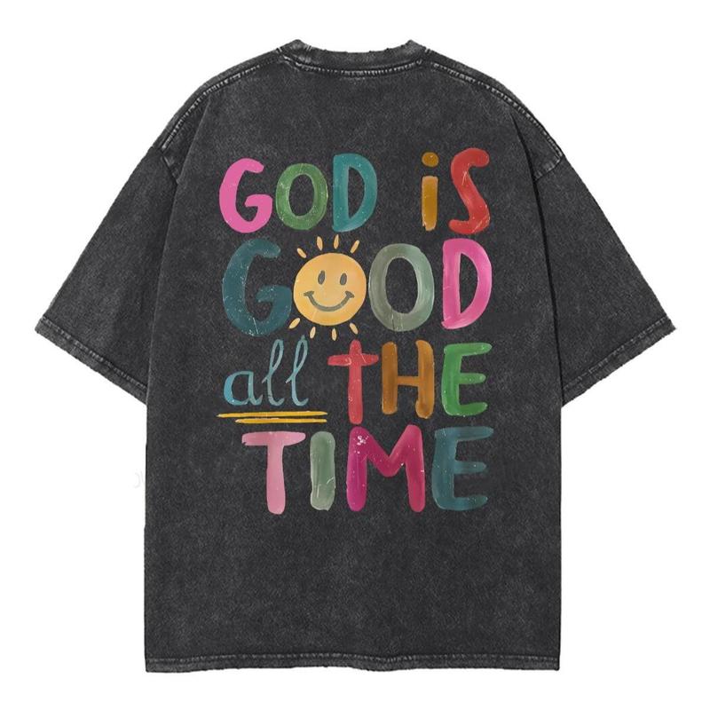 God Is Good All The Time Unisex Vintage Washed Crew Neck Tee Regular Fit Casual Comfort Breathable Short Sleeve Funny T-shirts for Summer Fashion Men&Women's Top for Daily Wear 080603
