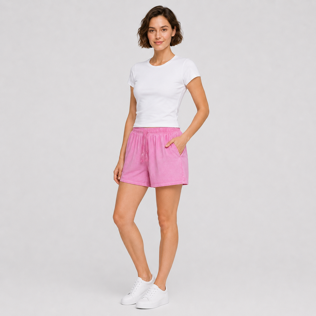 American vintage-style "dirty wash" shorts; distressed, faded, cotton-feel athletic shorts; versatile, casual unisex style.