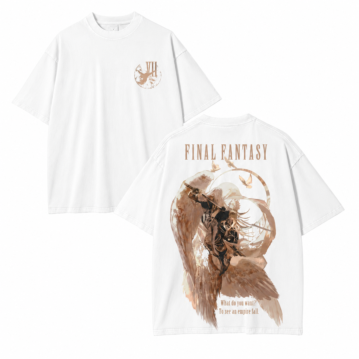 Final Fantasy VII Sephiroth Six-Winged Angel Double-Sided Print Washed Distressed Short-Sleeve T-Shirt, American Heavyweight Pure Cotton Oversized Retro Game Trendy T-Shirt for Men and Women