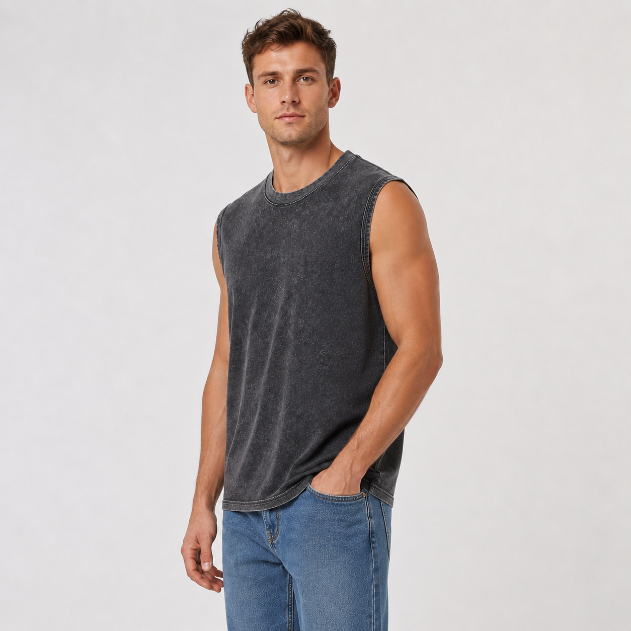 Unisex Washed & Distressed Sleeveless Tank Top – Heavyweight Cotton Vintage-Style Vest – Loose-Fit Versatile Athletic Top