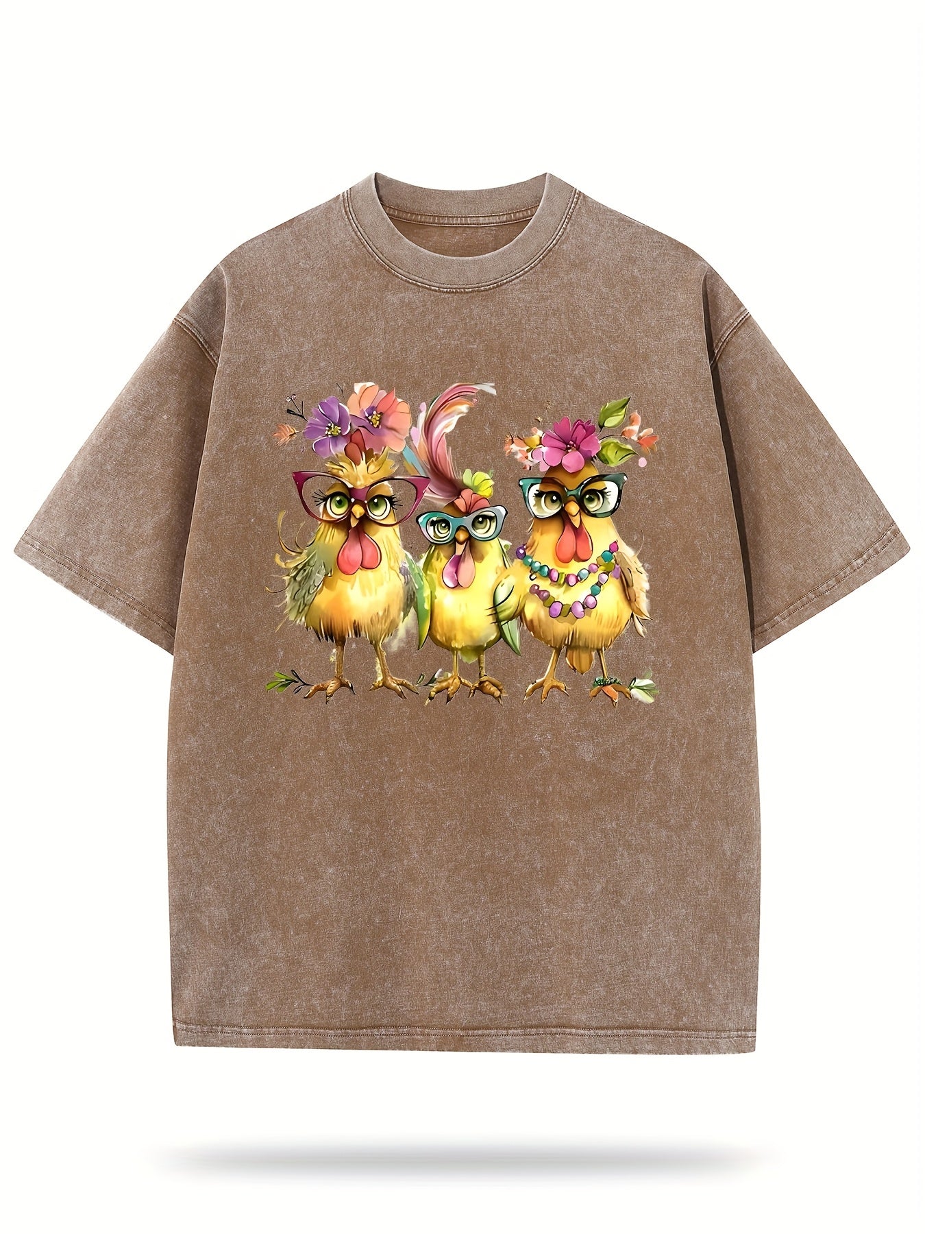 Printed with Three Elegant Cartoon Chickens, Washed Wax-Dyed Retro Thickened Pure Cotton, Fashionable Casual Couple Style, Comfortable to Wear