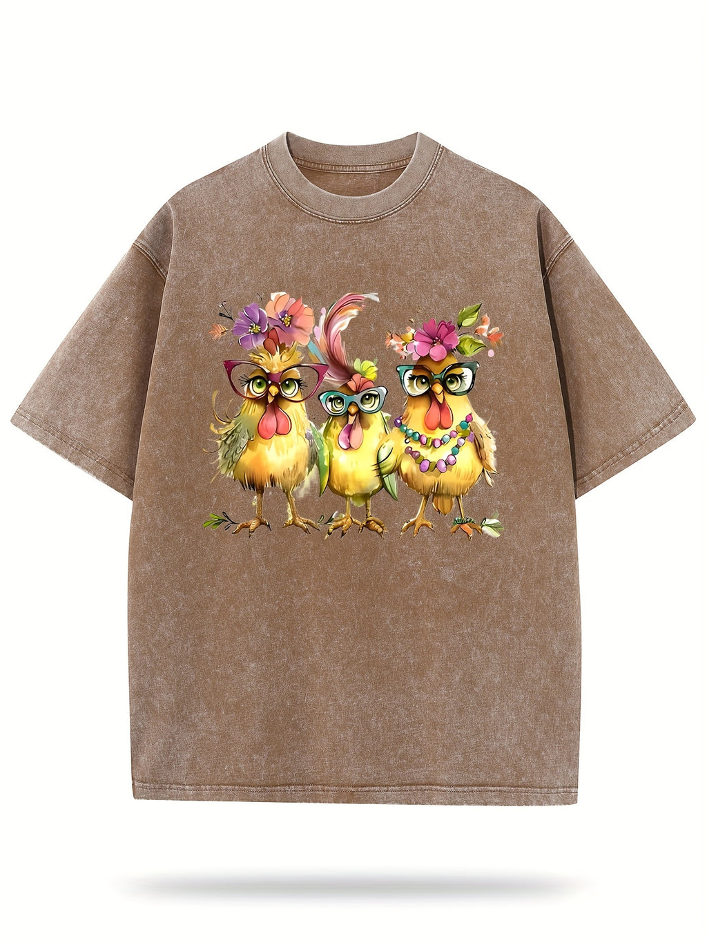 Printed with Three Elegant Cartoon Chickens, Washed Wax-Dyed Retro Thickened Pure Cotton, Fashionable Casual Couple Style, Comfortable to Wear