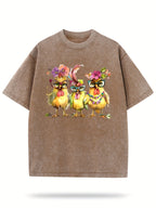 Printed with Three Elegant Cartoon Chickens, Washed Wax-Dyed Retro Thickened Pure Cotton, Fashionable Casual Couple Style, Comfortable to Wear