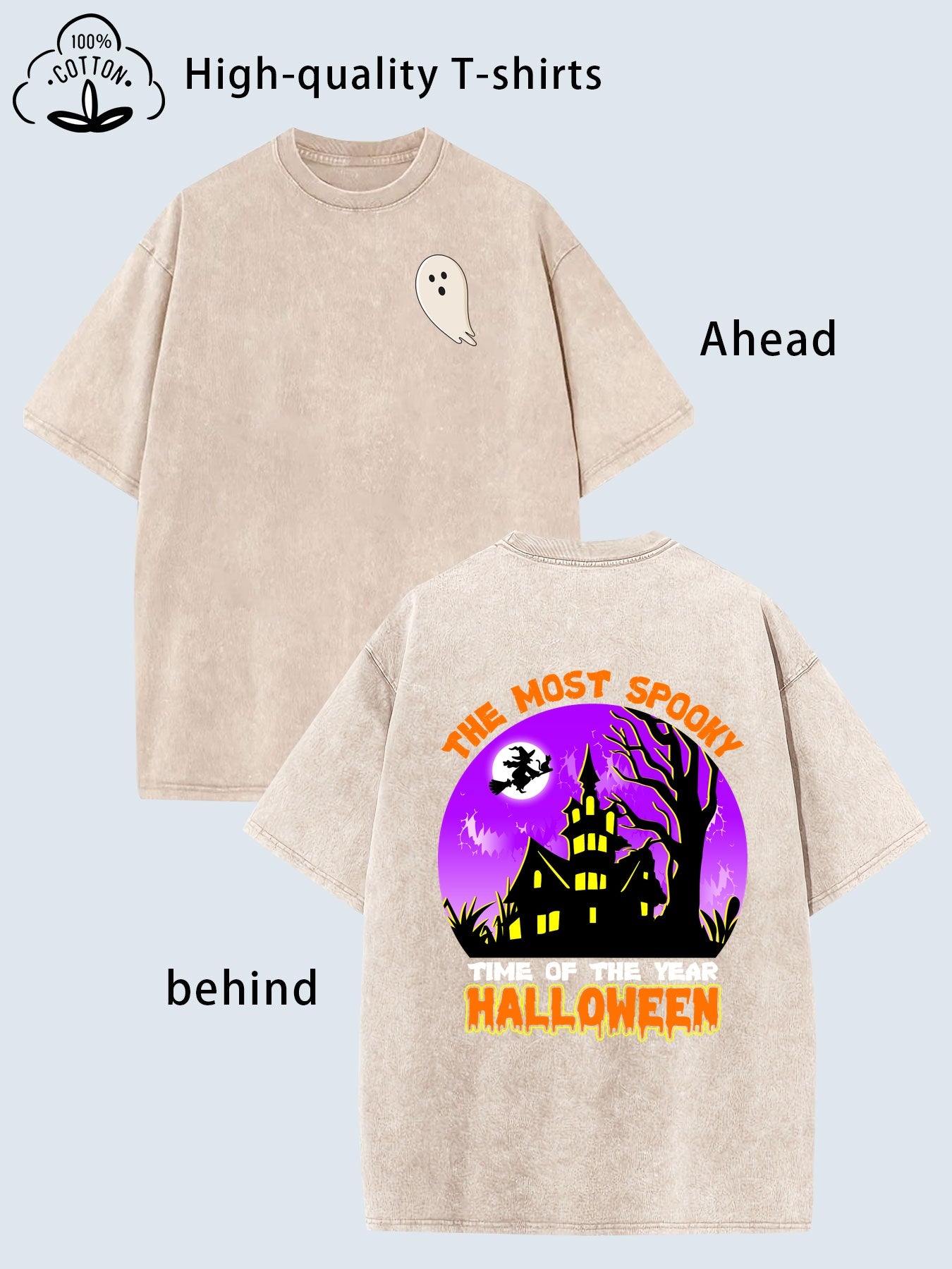 Halloween Theme Front and Back Pattern Print Men'S Fashion | High-Quality Heavy Washed Vintage Distressed Crew Neck Loose Fit Short Sleeve, Street Retro Style Trendy Men'S Clothing