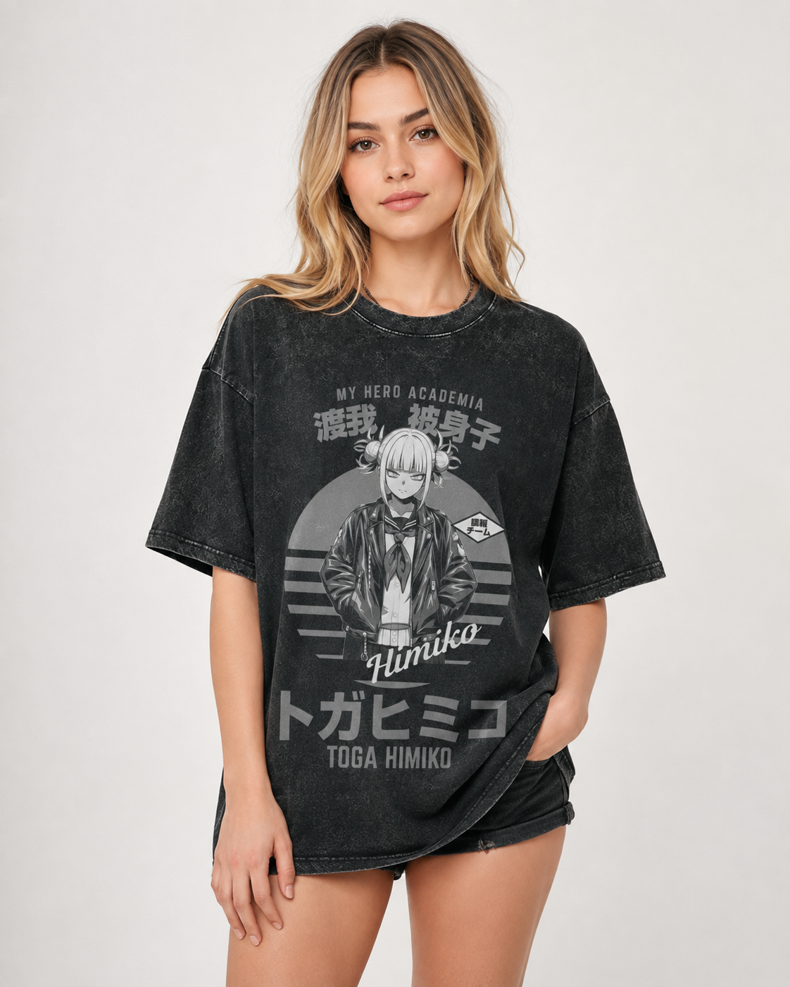 Vintage Stone-Washed Anime Graphic T-Shirt – Oversized High-Street Style with Distressed Black & White Manga Aesthetic